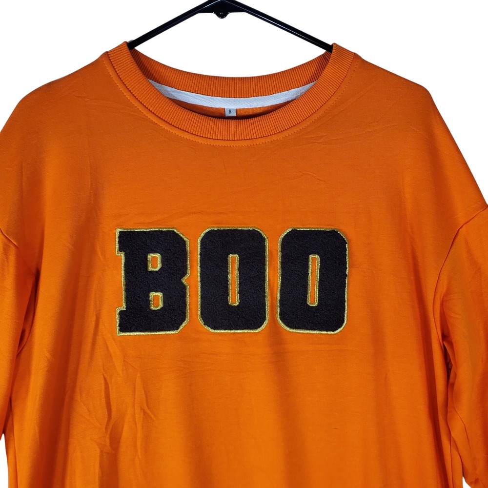 Halloween Boo Graphic Sweatshirt Orange Chenille Varsity Lettering Small